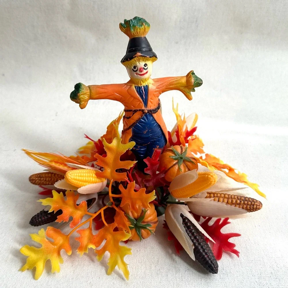Vintage 1970s Florabelle Flowers scarecrow Fall foliage table centerpiece